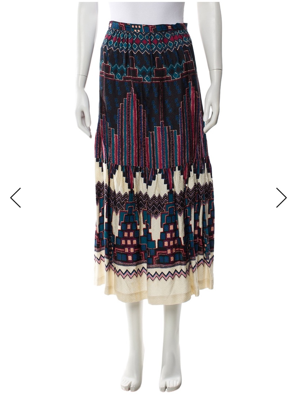 ba&sh Boho Geometric Tiered Midi Skirt in Navy, Blue & White